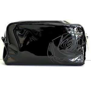 NEW Lancome Black Faux Leather Makeup Bag Rose Design Toiletry Pouch Travel Case